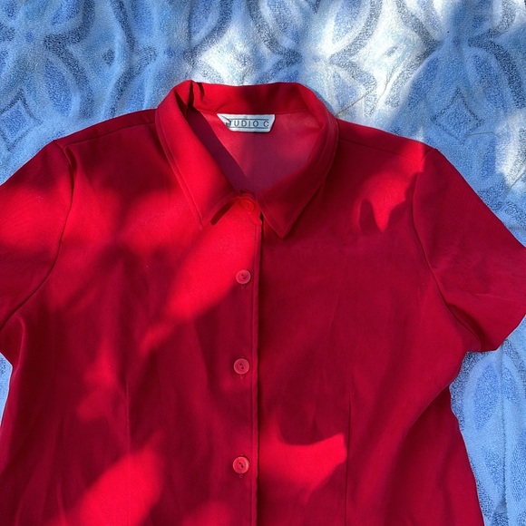 Studio C Red Faux Suede Short Sleeves Blazer Button Up Blouse Slits on Sides 16 - Picture 9 of 15